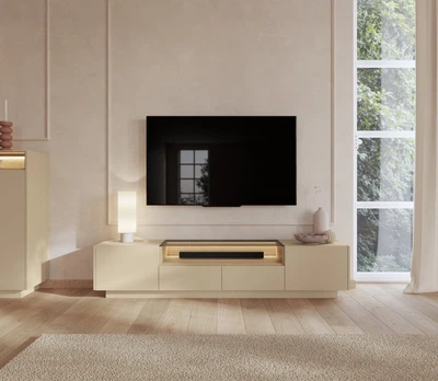 Тумба под ТВ с подсветкой Perfect Home Хиро / Hiro 2D2S/203 2-дверная с 2 ящиками Какао/дуб кремона