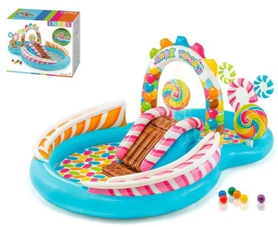 Надувной игровой центр Intex 57149 NP «Карамель» с горкой и распылителем, 295×191×130 см, 374 л, от 3 лет