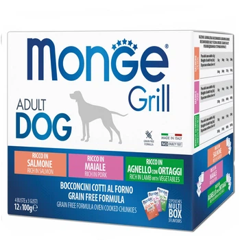 Набір вологого корму для собак Monge Grill Mix Adult 12 шт х 100 г - лосось, свинина, ягня та овочі