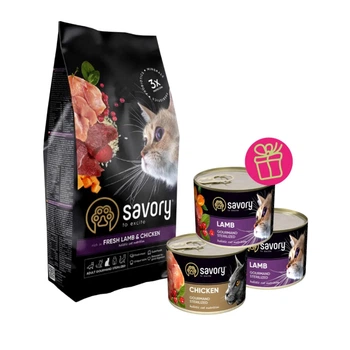 Набір сухого та вологого корму для котів Savory Steril 2 кг + 600 г - ягня та курка
