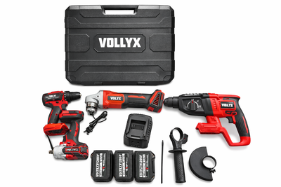 Набор аккумуляторного инструмента Vollyx 4 в 1 (Гайковерт, Шуруповерт, Перфоратор, УШМ Болгарка) с 4 аккумуляторами Красный