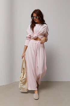 Однотонный свободный костюм со свободным лонгом и штанами Lurex Пудровый One Size (31213)