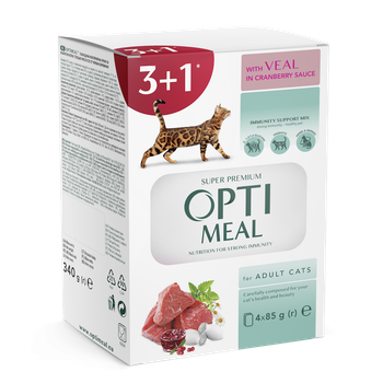 Консервированный корм Optimeal Набор "Adult Cats Veal in Cranberry sauce Влажный корм для взрослых кошек с телятиной в клюквенный соусе" (3+1) 0,34 кг (B2720201)