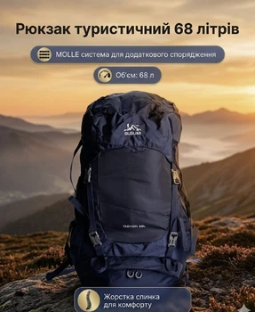 Туристический рюкзак синий BUBUMI 68 литров с системой креплений MOLLE регулируемые плечевые ремни с мягкой подкладкой