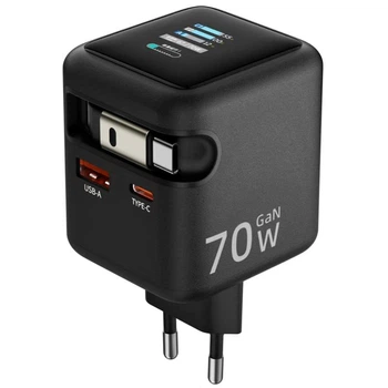 Сетевое зарядное устройство Amaya E700D PD70W+QC3.0 GaN (1USB-A/1C) + Retractable Cable Type-C Black
