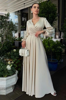 Шовкова сукня максі з довгим рукавом 023 XL бежевий