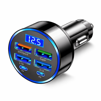 Автомобильное зарядное устройство в прикуривателе 6 портов PD QC 3.0 с LED вольтметром 12 V 24 V
