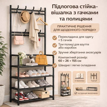 Напольная стойка вешалка с полками на два уровня