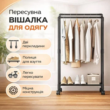 Пересувна гардеробна стійка, вішалка лофт для дому, Підлогова стійка для одягу та взуття