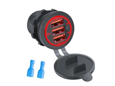 Гніздо прикурювача B33R 3USB QC 3,0 врізне з кришкою та червоною підсвіткою 12/24V