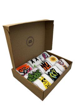 Набір високих бавовняних шкарпеток з написами COOL SOCKS Street Words Cotton High Collection (9 пар) білий з кольоровими написами та принтами розмір 38–42