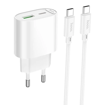 Сетевое зарядное устройство Hoco C109A, 1Type-C, 1USB, PD, QC, 20W, кабель Type-C to Type-C, Белый