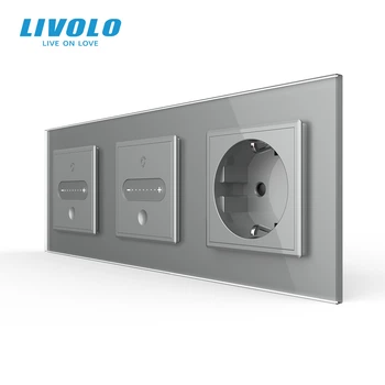 Умный сенсорный проходной диммер LIVOLO 2 сенсора (1-1) с розеткой, серый стекло, 16A 230V, заземление