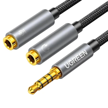 Кабель UGREEN AV141 3.5 мм mini jack розгалужувач на навушники та мікрофон (20 cm, 4 pin). Grey