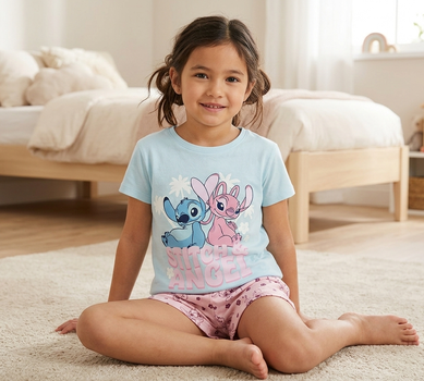 Дитяча піжама disney stitch & angel — комплект для дівчаток (футболка та шорти), блакитний, рожевий, 110-116