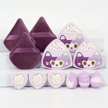 Спонжи для макияжа 12 шт Onigiri Cat, набор спонжей для макияжа разных форм, пурпурный