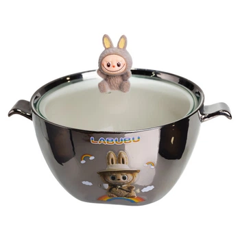 Миска-бульонница для супа и лапши фарфоровая LABUBU Baba, 800 мл, хром с бежевым