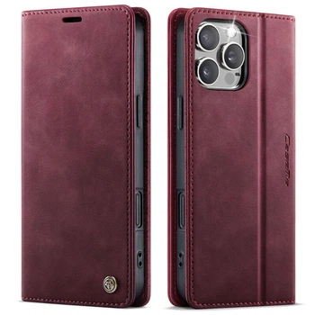 Чехол-книжка CaseMe RFID из нубука для iPhone 13 Pro Max Бордовый