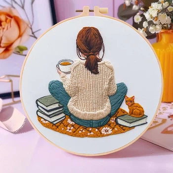 DIY набір для вишивання Мила дівчина з книгою та котиком, 20×20 см