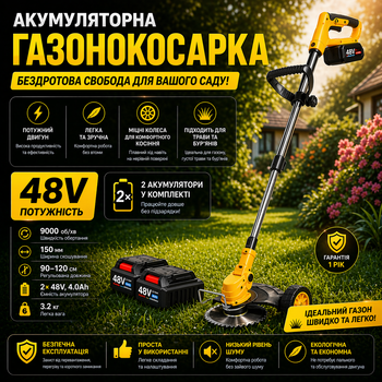 Аккумуляторная газонокосилка 48V с 2 аккумуляторами беспроводной триммер на колесах для травы сада дачи