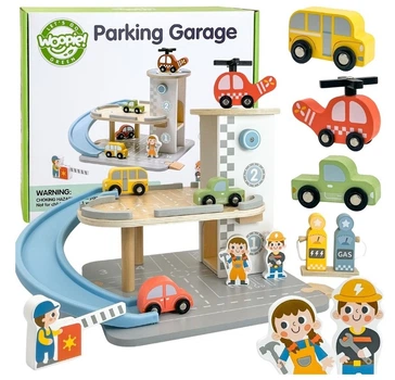 Drewniany parking piętrowy 2w1 Woopie Green Stacja benzynowa z autkami i figurkami 12 elementów (564470) (5906280656447)