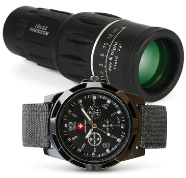 Набір Монокуляр BUSHNELL 16x52 і чоловічий армійський годинник Swiss Army
