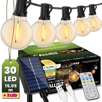 Садова гірлянда на 30 LED-ламп, 15,2 м, від мережі 230V, тепле світло 3000 K, IP44, з пультом та регулюванням яскравості, Lumiled Dollis