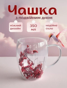 Красива чашка з подвійним дном 350 мл скляна чашка для чаю та кави з ніжними сухими квітами на подарунок Прозорий