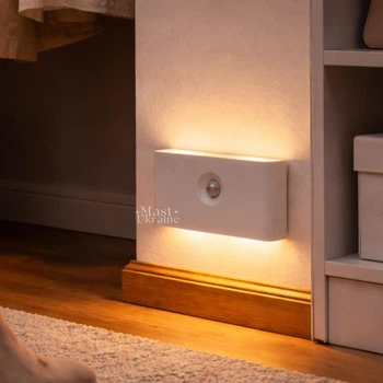 Ночник LED аккумуляторный Smart Night Light с датчиком движения, беспроводной светильник с теплым светом 2700К, настенная лампа с автоматическим и постоянным режимом свечения для комнаты, коридора и шкафа Белый, HA-182-White