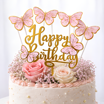 Топпер для торта Happy Birthday С Розовыми Бабочками Золотой Акрил