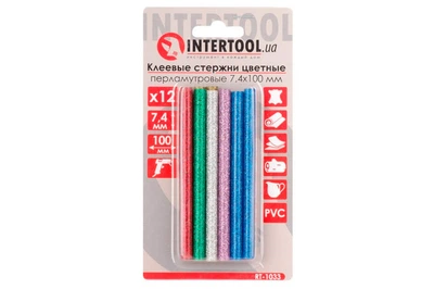 Клейові стрижні Intertool 7.4 x 100 мм кольорові перламутрові, 12 шт., Етиленвінілацетат, блискітки