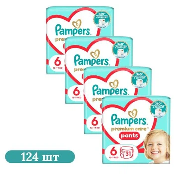 Дитячі підгузки-трусики 124 шт Pampers Premium Care Pants розмір 6 (13-19 кг) Дитячі підгузники памперс пантс з еластичним поясом та захистом до 12 годин Памперси преміум трусиками для дітей з чутливою шкірою