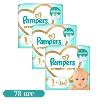 Детские подгузники 78 шт Pampers Premium Care размер 1 (2-5 кг) Детские подгузники памперс с индикатором влаги и защитой до 12 часов Памперсы премиум для детей