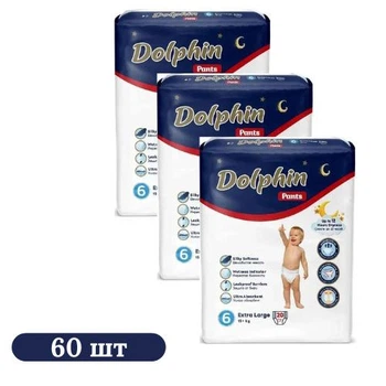 Детские подгузники-трусики 60 шт Dolphin Pants Large размер 6 (15+ кг) Детские одноразовые подгузники с индикатором влаги и анатомической формой Памперсы трусиками пантс для детей