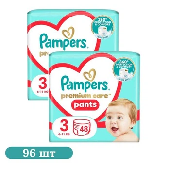 Детские подгузники-трусики 96 шт Pampers Premium Care Pants размер 3 (6-11 кг) Детские подгузники памперс пантс с эластичным поясом и защитой до 12 часов Памперсы премиум трусиками для детей с чувствительной кожей