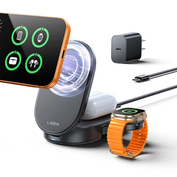 Беспроводная зарядная станция LISEN 25 Вт Qi 2.2 3 в 1 для iPhone 17, 16, Pro Max, Apple Watch и Samsung S25