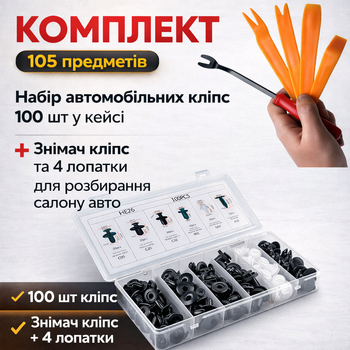 Набор автомобильных клипс 100 шт со съемником клипс и 4 лопатками 105 предметов