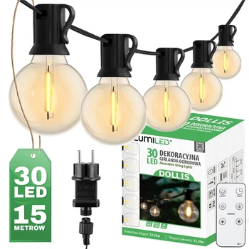 Садовая гирлянда на 30 LED-ламп, 15,2 м, от сети 230V, теплый свет 3000 K, IP44, с пультом и регулировкой яркости, Lumiled Dollis