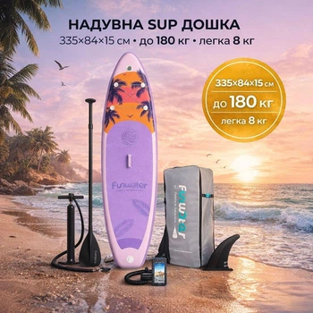 Надувна SUP дошка 335×84×15 см — до 180 кг, легка 8 кг, антиковзка, для серфінгу та відпочинку