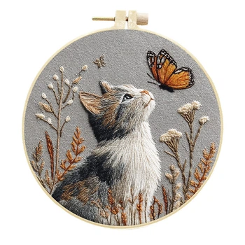 Набір для вишивання гладдю Кіт у квітах 20 см Embroidery kit для початківців Тип тканини: Льон 2970916671