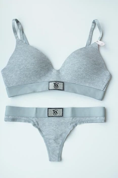 Комплект белья Victoria's Secret Cotton Lightly Lined Wireless Bra Shine Patch Grey Set 34C-S