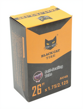 Камера 26, длинный ниппель AV 48mm BLACK CAT (1.75/1.95-2.125) самоклеющаяся (с антипрокольным гелем)