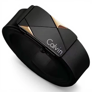 Ремінь чоловічий автоматичний брючний пояс для чоловіків Calvin 120см повсякденний універсальний класичний металева пряжка автомат регулювання без дірок Black-Gold