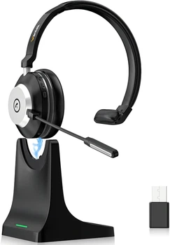 Бездротова гарнітура Wantek з мікрофоном та зарядною станцією, USB і Bluetooth, AI, кнопка вимкнення звуку з шумозаглушенням 50-годинний час