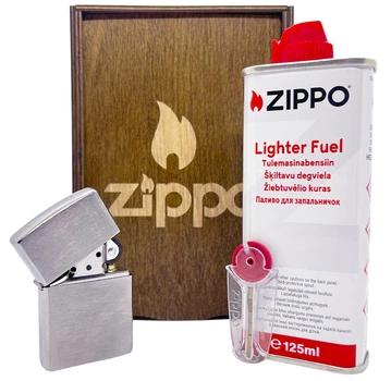Подарунковий набір Zippo у дерев'яній коробці: Запальничка Zippo Brushed Chrome Classic, Бензин, Кремній