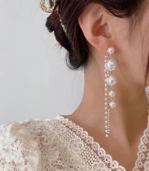 Серьги подвески длинные жемчужные свадебные вечерние