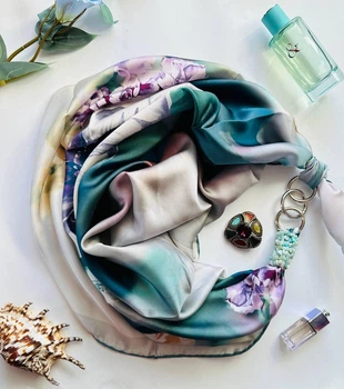Шовкова хустка My Scarf "Бірюзовий риф" 90 на 90 см з каменем амазоніт