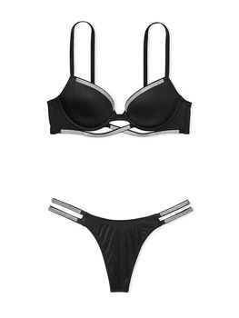 Комплект Білизни зі Стразами Victoria's Secret Very Sexy Shine Cradle Push-Up Bra & Double Shine Strap Smooth Thong Panty Чорний 34B-S