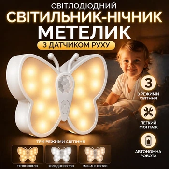 Дитячий світлодіодний настінний світильник – нічник з датчиком руху "Метелик" 3 режими