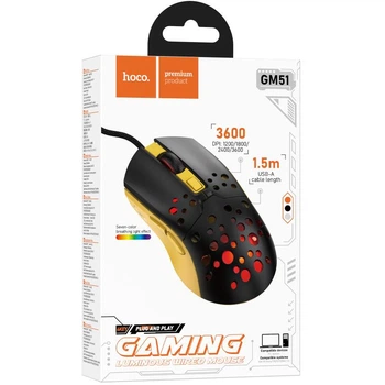 Проводная мышь hoco. GM51 Sky Luminous, RGB подсветка, кабель 1.5 м, 4 режима DPI до 3600, чип A603EP Black / Yellow